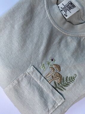 Embroidered mushroom and botanical tshirt